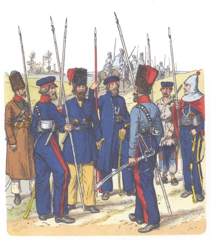 Kozacy 1813-1814 (grafika Richarda Knötela, http://www.runivers.ru/doc/patriotic_war/1812/uniforma/?ID=472350).
