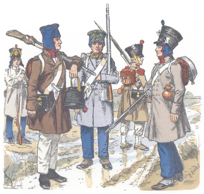 Żołnierze francuskiej piechoty 1813-1814 (grafika Richarda Knötela, http://www.runivers.ru/doc/patriotic_war/1812/uniforma/?ID=472294).